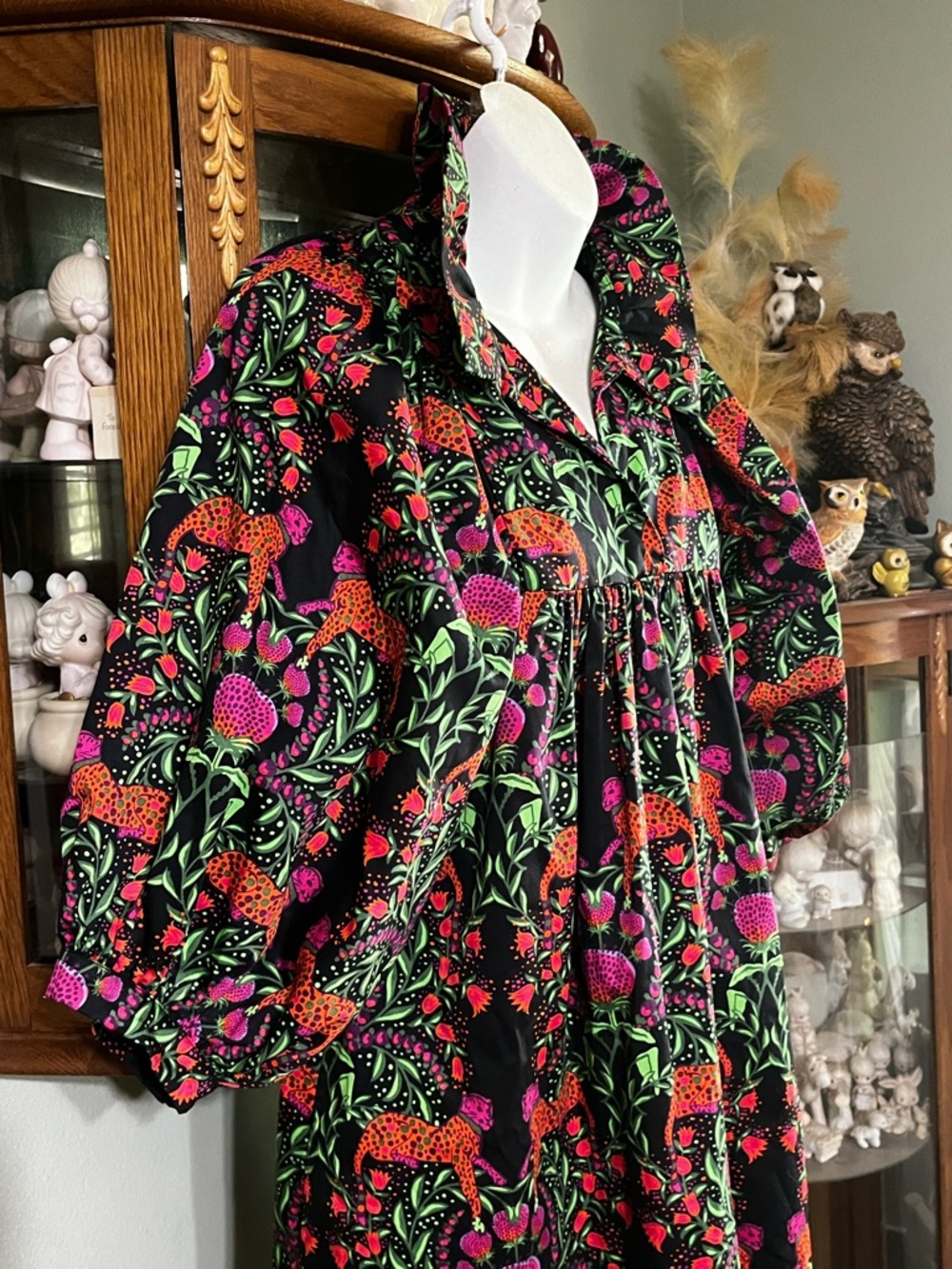 Emily McCarthy Black Leopard Strawberries Puff Sleeves Pocket Dress Small - Picture 7 of 10